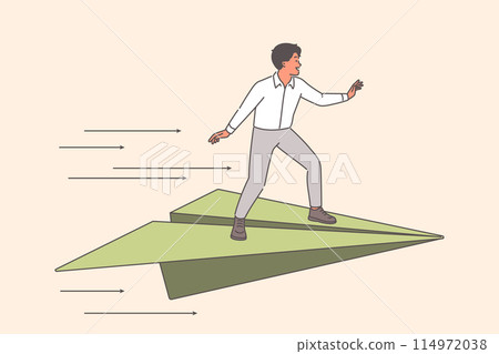 Confident business man flies standing on paper airplane forward to success, showing fearlessness Confident business man flies standing on paper airplane forward to success, showing fearlessness 114972038