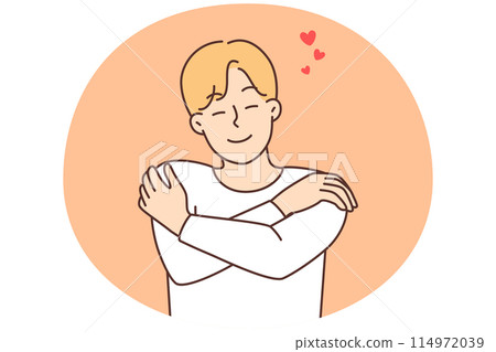 Smiling man hug himself show self-love Smiling man hug himself show self-love 114972039