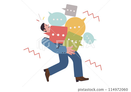 Overworked male analyst holding received feedback and customer reviews in form of speech bubbles Overworked male analyst holding received feedback and customer reviews in form of speech bubbles 114972060