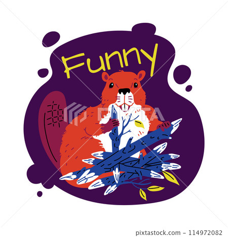 Cute beaver chewing wooden sticks with lettering Funny vector childish design card, cartoon wild rodent animal eating Cute beaver chewing wooden sticks with lettering Funny vector childish design card, cartoon wild rodent animal eating 114972082