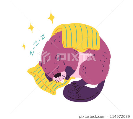 Vector illustration of a sleeping beaver lying on a pillow, covered with a blanket 114972089