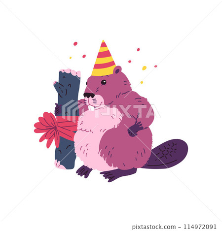Vector illustration of a rodent ready for a birthday, with a gift in a ribbon 114972091