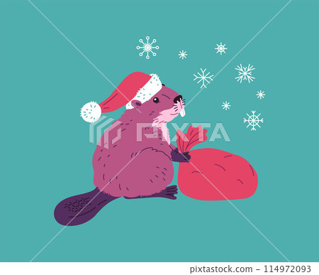 Vector illustration beaver in a festive New Year's hat with a bag of gifts Vector illustration beaver in a festive New Year's hat with a bag of gifts 114972093
