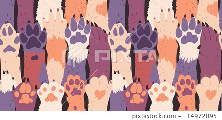 Animal paws cartoon vector seamless pattern, cute dog or cat fluffy paws open foot raised up, pets hand greeting gesture Animal paws cartoon vector seamless pattern, cute dog or cat fluffy paws open foot raised up, pets hand greeting gesture 114972095