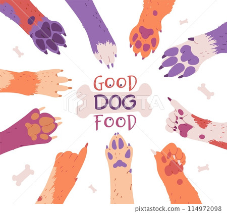 Vector banner with an empty space for text on a white background with a round frame of dog paws Vector banner with an empty space for text on a white background with a round frame of dog paws 114972098