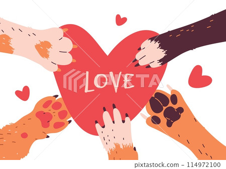 Vector illustration in a flat style the paws of dogs hold a heart symbolizing love 114972100