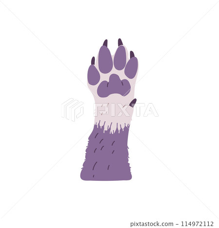 Dog fluffy paw open palm raised up gesture, cute pet footprint claws feet toes, cartoon vector animal hand greeting sign 114972112