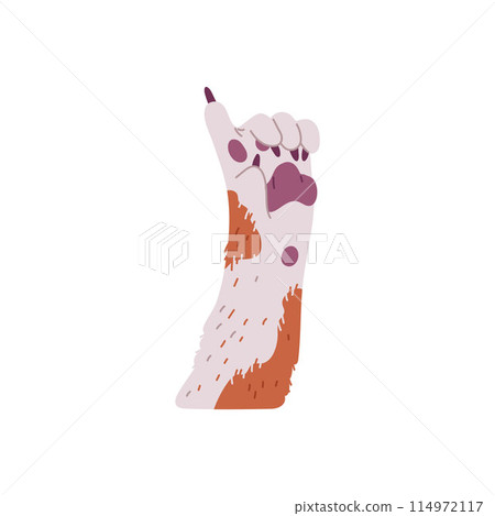 Flat icon of a dog paw with one finger raised and orange spots. 114972117
