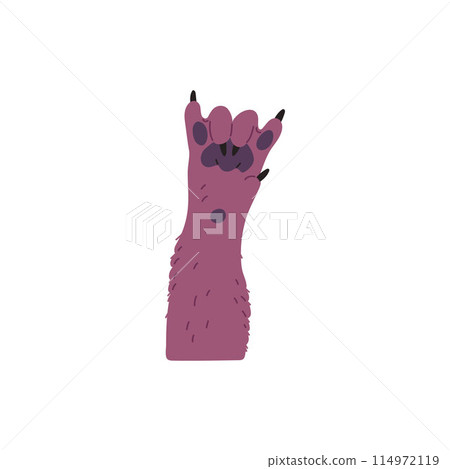 Vector illustration of a cute dog paw with a rock gesture in a cartoon style. Vector illustration of a cute dog paw with a rock gesture in a cartoon style. 114972119