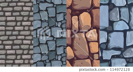 Stone wall from bricks, paving background, seamless pattern of stonework rock textured road, cobble pavement vector set Stone wall from bricks, paving background, seamless pattern of stonework rock textured road, cobble pavement vector set 114972128