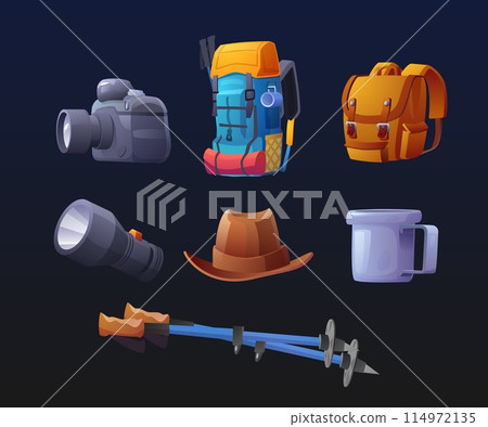 Vector set featuring hiking gear: backpack, camera and lens, aluminum mug, trekking poles, lantern, hat Vector set featuring hiking gear: backpack, camera and lens, aluminum mug, trekking poles, lantern, hat 114972135
