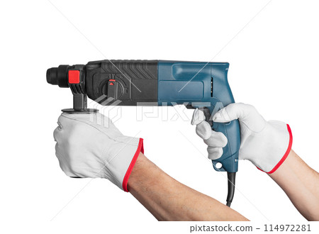 Tools and driller equipment for drilling work. Isolated power tool for construction. Hand with 114972281