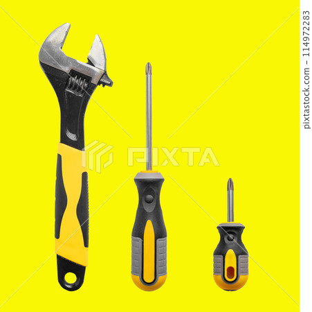 Tools and equipment for work and repair. Construction metal industrial wrench. Screwdriver fix set 114972283