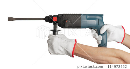 Equipment for drilling and work repair. Construct industrial hand with instrument. Electric worker Equipment for drilling and work repair. Construct industrial hand with instrument. Electric worker 114972332