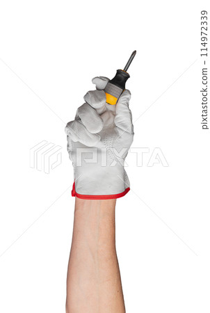 Hand with screwdriver on white background. Protect hygiene and cleaning equipment for home. Glove Hand with screwdriver on white background. Protect hygiene and cleaning equipment for home. Glove 114972339