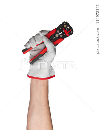 Hands cutting wire with tool. Man using equipment for work. Glove for repair worker s safety. Male 114972343