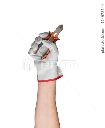 Isolated cutter and plier in hand. White glove for background tool. Human work closeup of man arm. 114972344