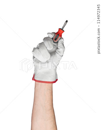 Isolated hand holding screwdriver. White background with woman s arm. Closeup of female fingers 114972345