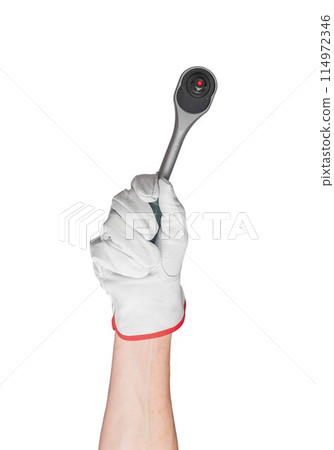 Isolated hand holding wrench. White background with repair equipment concept. Tool for arm and metal 114972346