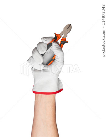Isolated hand of man on white background. Closeup working in repair. Industrial construction Isolated hand of man on white background. Closeup working in repair. Industrial construction 114972348