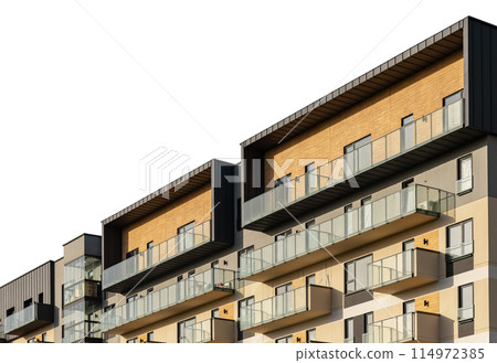 Residential architecture in urban exterior apartment with balcony. Isolated white background facade 114972385