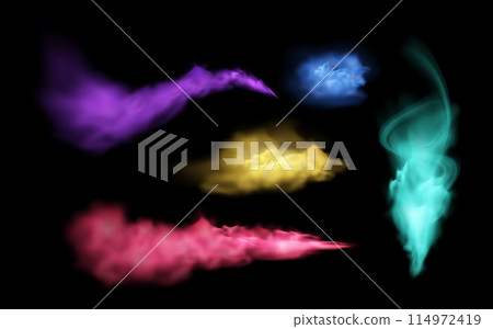 Magical smoke vector illustrations: smoke in purple, red, green, and blue, with particles effects. 114972419