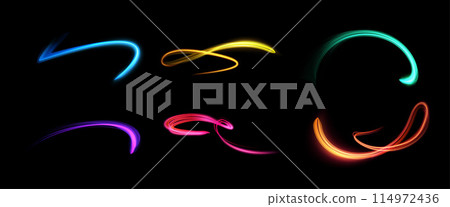Set of neon 3D magic glows or bright swirl trails. 114972436