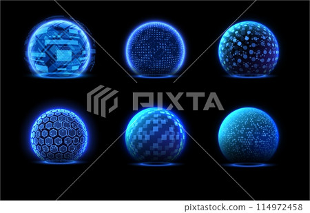 Set of blue glowing sphere shields with different surfaces, vector illustration 114972458