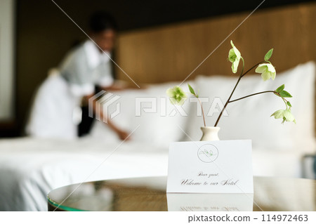 Background image of luxury hotel room with welcome note in foreground copy space 114972463