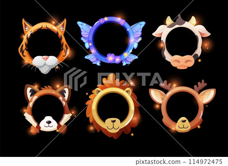 Avatar frames of tiger lion, cow, deer, butterfly red panda cartoon vector set, game round empty animal muzzle border Avatar frames of tiger lion, cow, deer, butterfly red panda cartoon vector set, game round empty animal muzzle border 114972475