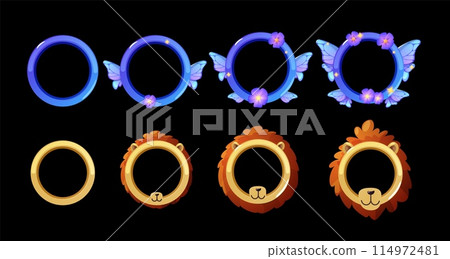 Avatar frame lion muzzle and butterfly cartoon vector set, progress achievement round empty border rank game interface 114972481