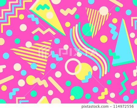 Geometric seamless pattern with 3D shapes in the style of the 80s and 90s. Isometric 3D shapes in Memphis style. Design of promotional products, wrapping paper and printing. Vector illustration 114972556