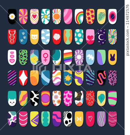 Collection of different nail design art. Colorful creative manicure design. Various prints, patterns and drawings. Vector illustration 114972576