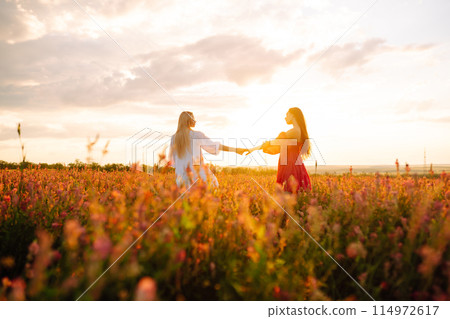 Two Beautiful woman in a field. Nature, fashion, vacation and lifestyle. 114972617
