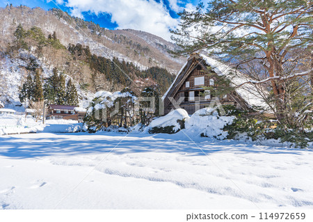 日本岐阜縣白川鄉的風景,以合掌式建築聞名 日本岐阜縣白川鄉的風景,以合掌式建築聞名 114972659