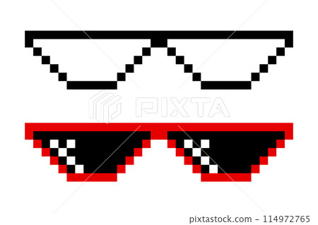Pixelated Sunglasses Set. Pixel Boss Glasses, 8 bit Style. Meme Game 8-bit Sunglasses Design Template, Isolated Pixelated Sunglasses Set. Pixel Boss Glasses, 8 bit Style. Meme Game 8-bit Sunglasses Design Template, Isolated 114972765
