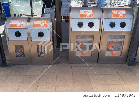 A scene of trash bins in Japan, where careful sorting is required 114972942
