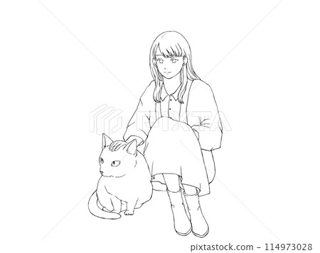 Cat and woman (line drawing) 114973028