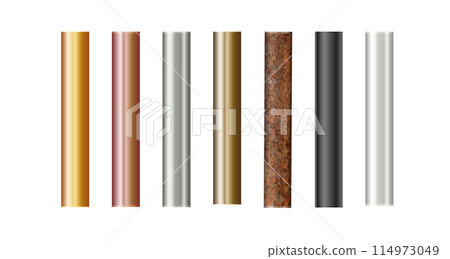 Pipe set isolated on background. Chrome, rusty, steel, golden, copper and iron pipes profile. Cylinder metal tubes. Vector Pipe set isolated on background. Chrome, rusty, steel, golden, copper and iron pipes profile. Cylinder metal tubes. Vector 114973049
