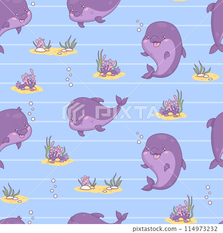 Seamless pattern with cute dolphin on blue striped background. Vector illustration. Cartoon insect kawaii character. Kids collection. Seamless pattern with cute dolphin on blue striped background. Vector illustration. Cartoon insect kawaii character. Kids collection. 114973232