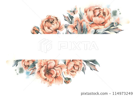 Beautiful peonies in peach fuzz color with leaves, buds and flying butterflies. Hand drawn watercolor illustration. Frame, horizontal template, empty for text, isolated from the background 114973249