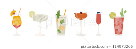 Set of popular classic cocktails. Different alcoholic drinks in various glasses. Summer aperitif garnished with lime twist, orange slice and cherry. Vector illustration of soft and alcohol beverages. 114973266