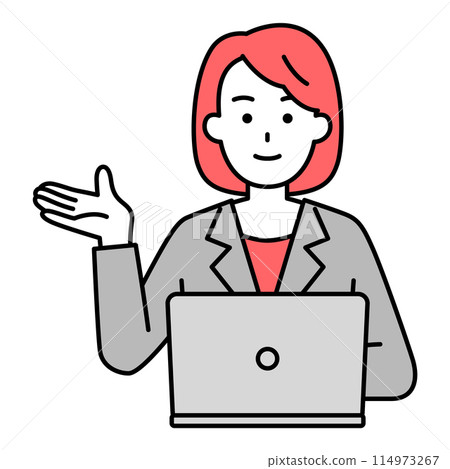 A woman in a suit working on a laptop computer pointing with her right hand 114973267