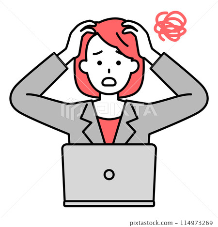 A woman in a suit working on a laptop computer confused 114973269