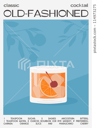 Old Fashioned Cocktail on the rocks garnish with orange slice and maraschino cherry. Whiskey with ice aperitif tropical vertical poster. Minimalistic trendy alcoholic beverage. Vector illustration. 114973275