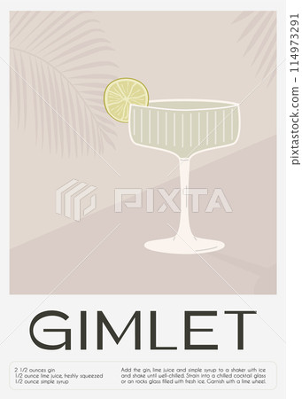 Gimlet Classic Cocktail garnish with lime slice. Classic alcoholic beverage recipe wall art print. Summer aperitif poster in muted color. Minimalist alcoholic drink placard. Vector flat illustration. Gimlet Classic Cocktail garnish with lime slice. Classic alcoholic beverage recipe wall art print. Summer aperitif poster in muted color. Minimalist alcoholic drink placard. Vector flat illustration. 114973291