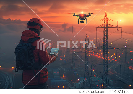 Man is wearing a helmet in an orange jacket looks at a drone flying over the city. The drone is equipped with a camera and flies over a power line 114973503