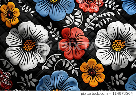 Floral design african colorful fabric close up 114973504