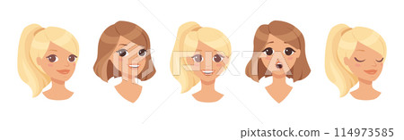 Pretty Woman Character with Face Reaction Vector Set 114973585
