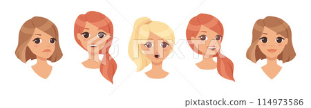 Pretty Woman Character with Face Reaction Vector Set 114973586